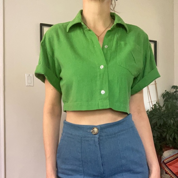 Con Bamba Tops - Con Bamba Green Linen Crop Shirt – Size S – Made in Colombia